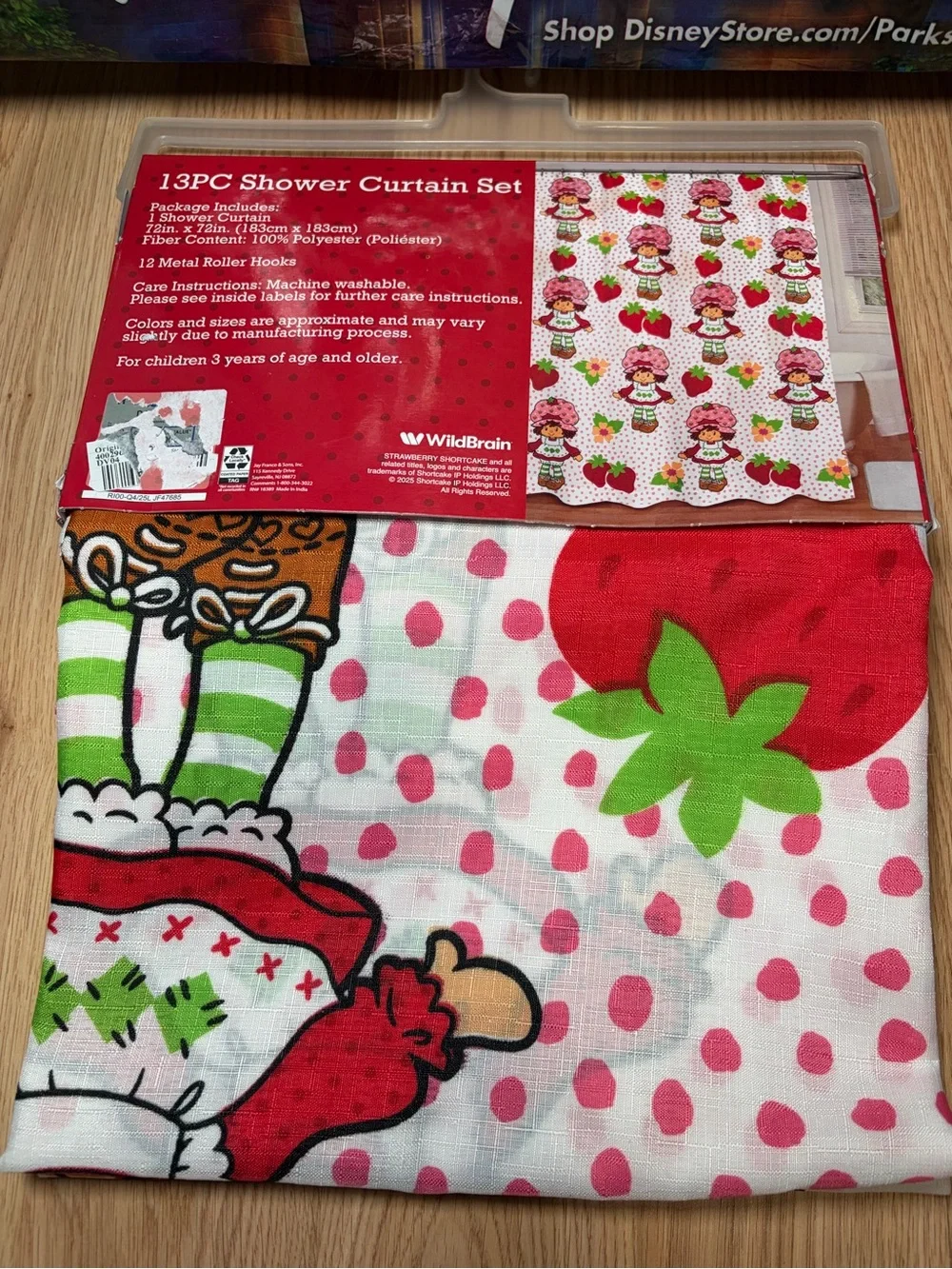Strawberry Shortcake Dots Shower Curtain & Silver Metal Roller Hooks 13pc New
